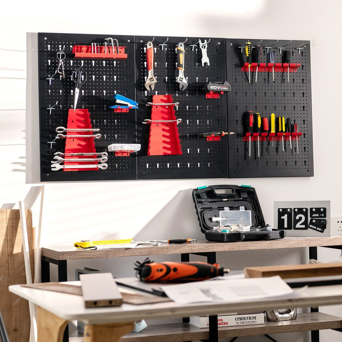 The garages tool storage kit with tools neatly arranged on the pegboard