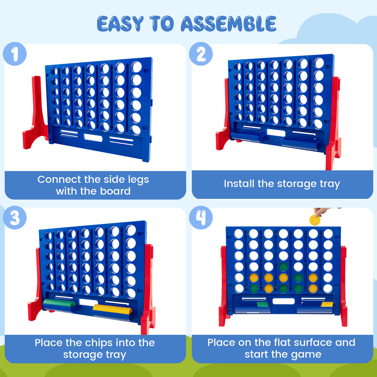 Four steps showing how to assemble the giant four-in-a-row lawn game
