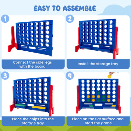 Four steps showing how to assemble the giant four-in-a-row lawn game