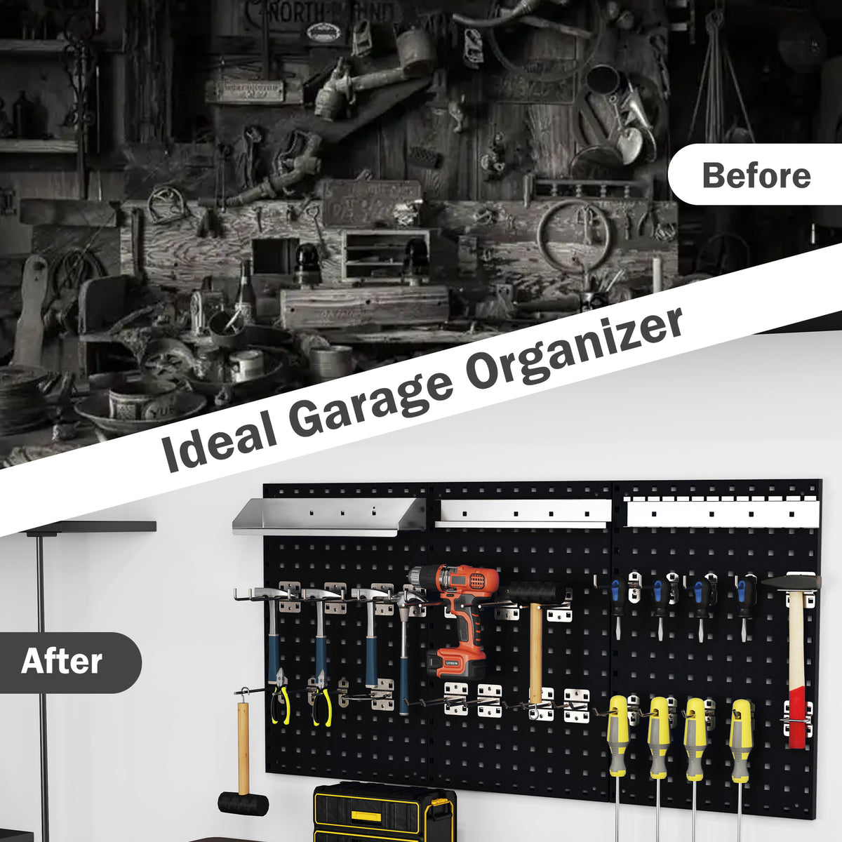 A messy workshop area contrasted with the wall organiser holding tools in a tidy space