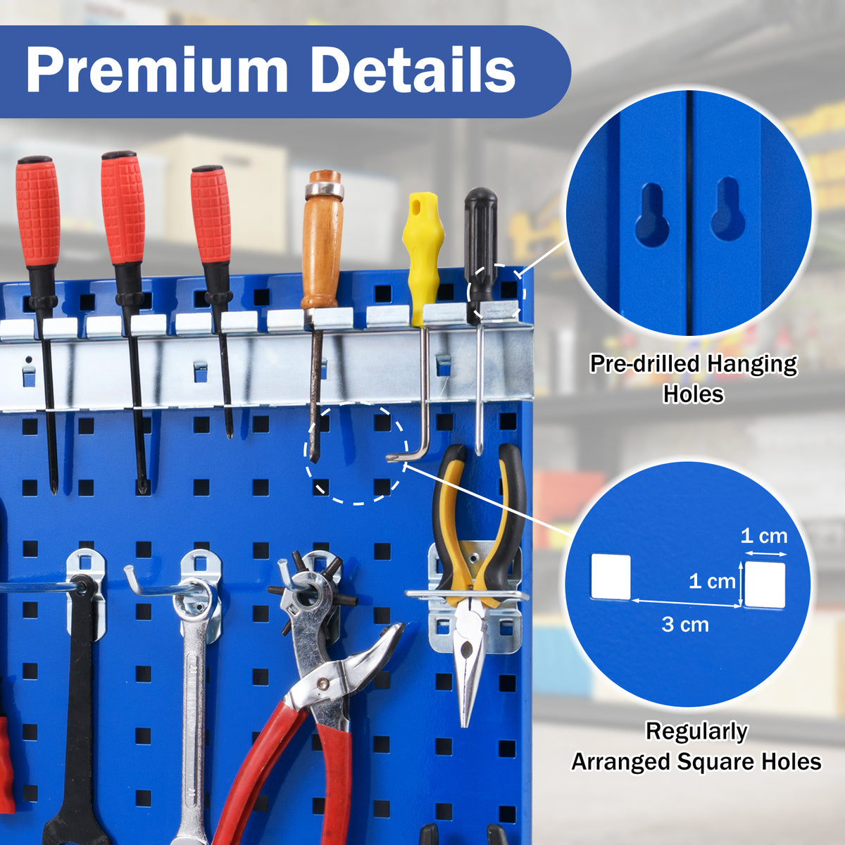Close up of the garages pegboard organiser showing pre-drilled holes and square peg attachments
