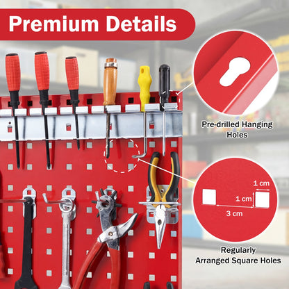 Close up of the red tool board showing the square hole pattern and mounting holes