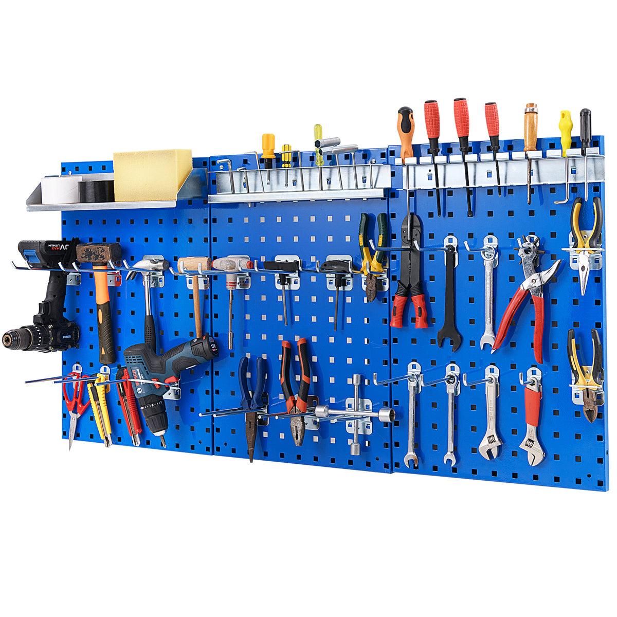 The garages pegboard organiser with a wide selection of tools and accessories neatly arranged