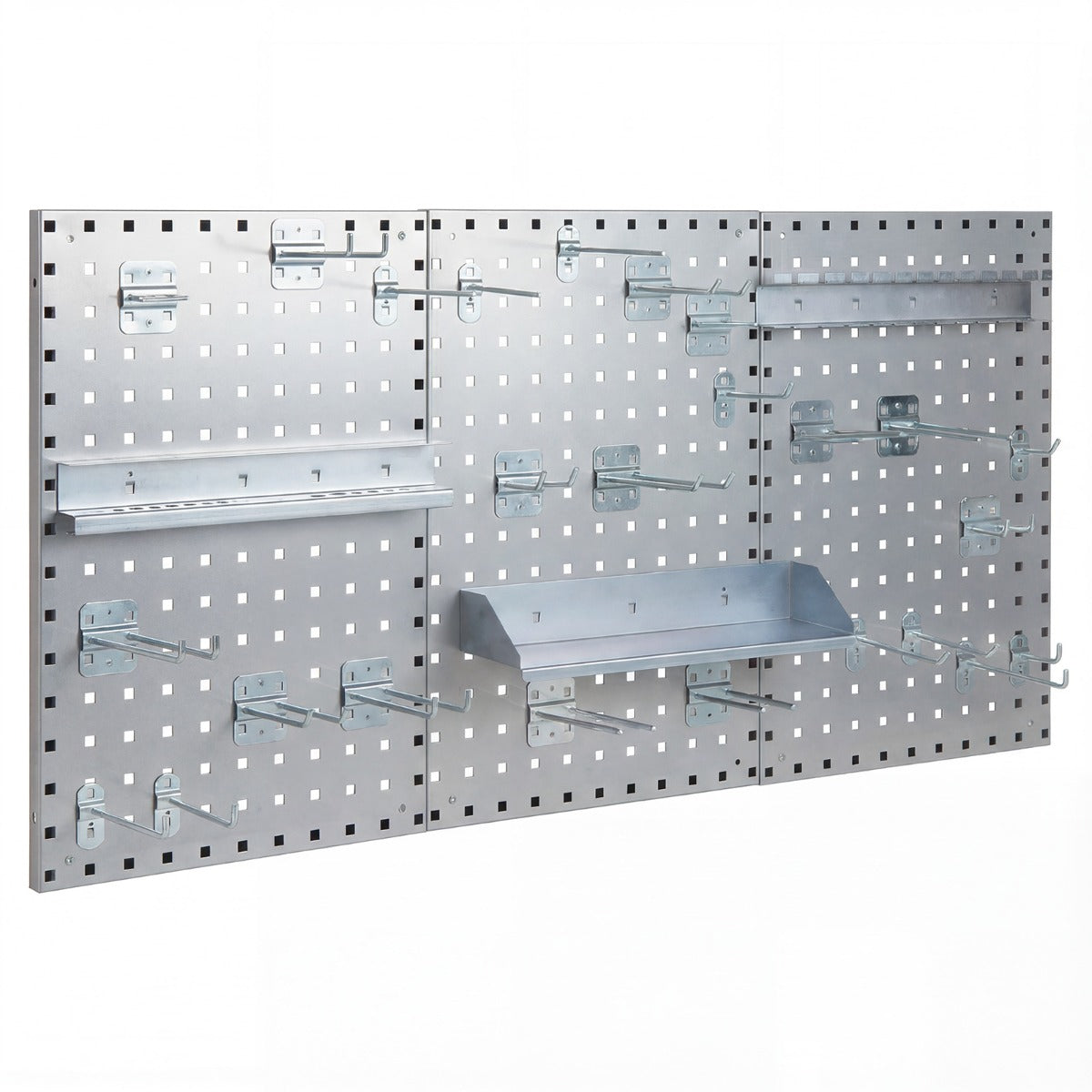 Wall-Mounted Pegboard Tool Organizing Kit with various silver hooks and shelves attached