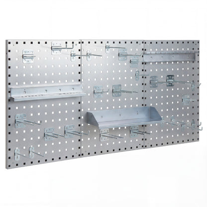 Wall-Mounted Pegboard Tool Organizing Kit with various silver hooks and shelves attached