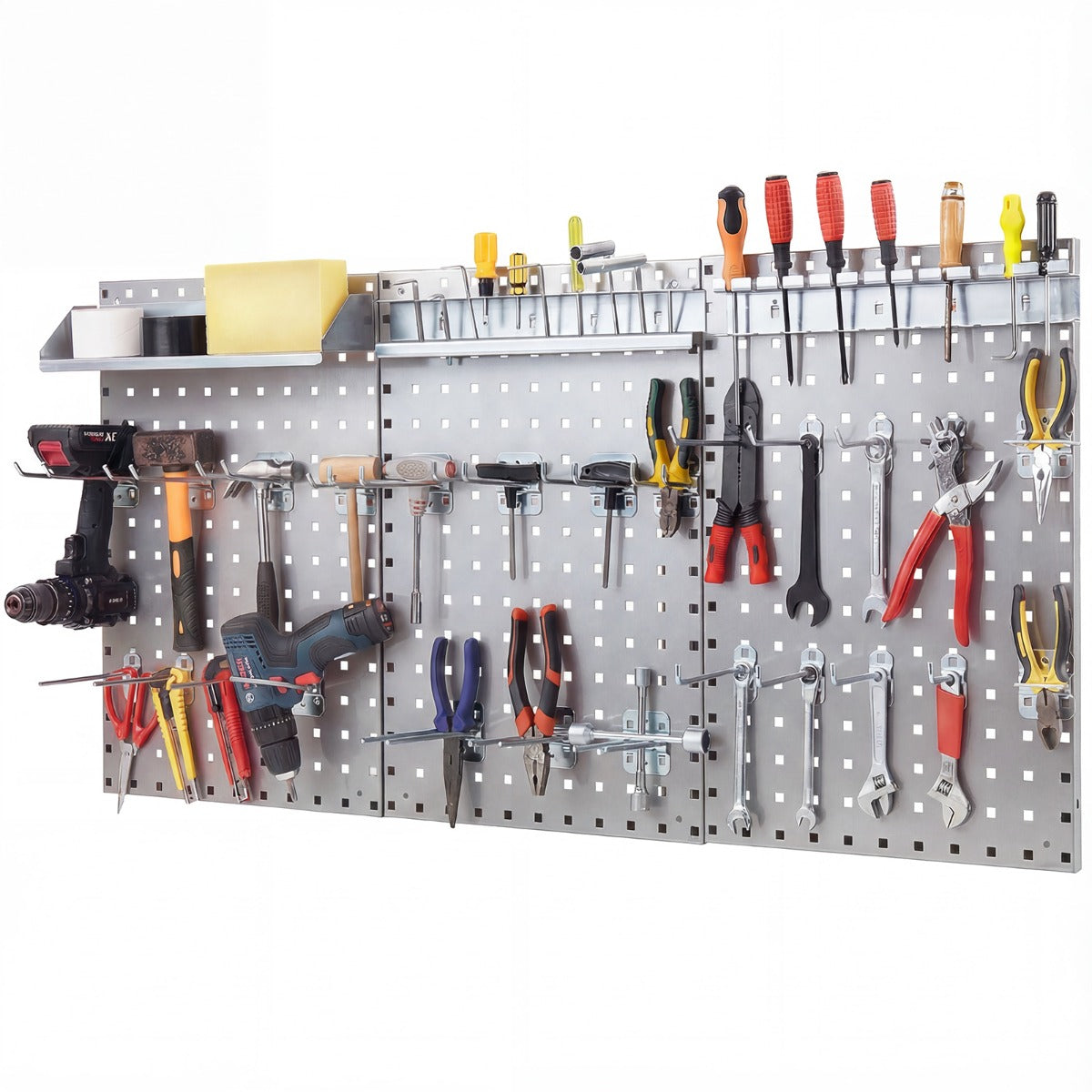 The garage storage system fully loaded with a wide variety of tools and accessories