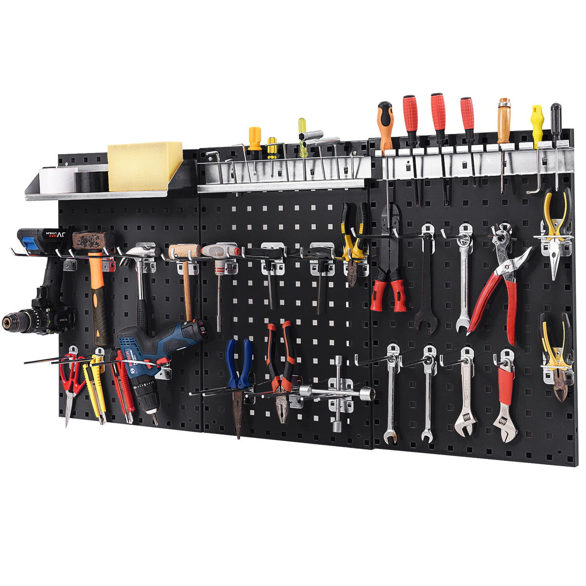 The metal pegboard panels fully loaded with a wide variety of workshop equipment