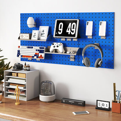 The garages pegboard organiser shown in a home office setting with a keyboard, tablet and headphones