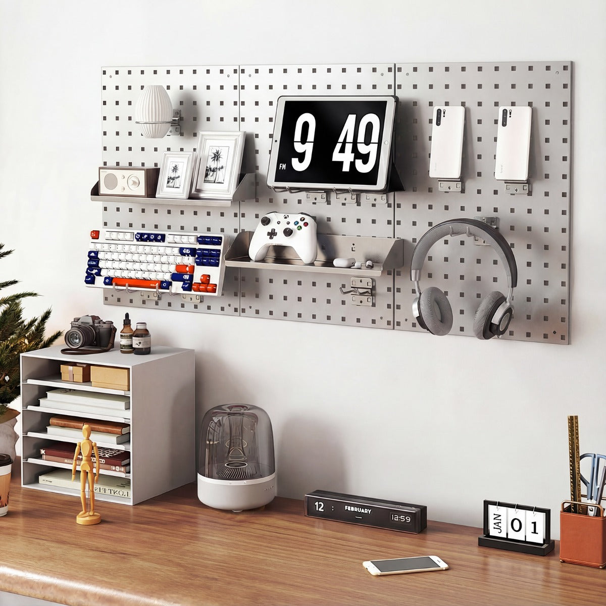 The garage storage system mounted on a wall holding office supplies and personal items