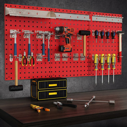 The garage storage system mounted on a wall above a workbench with various tools hanging on it