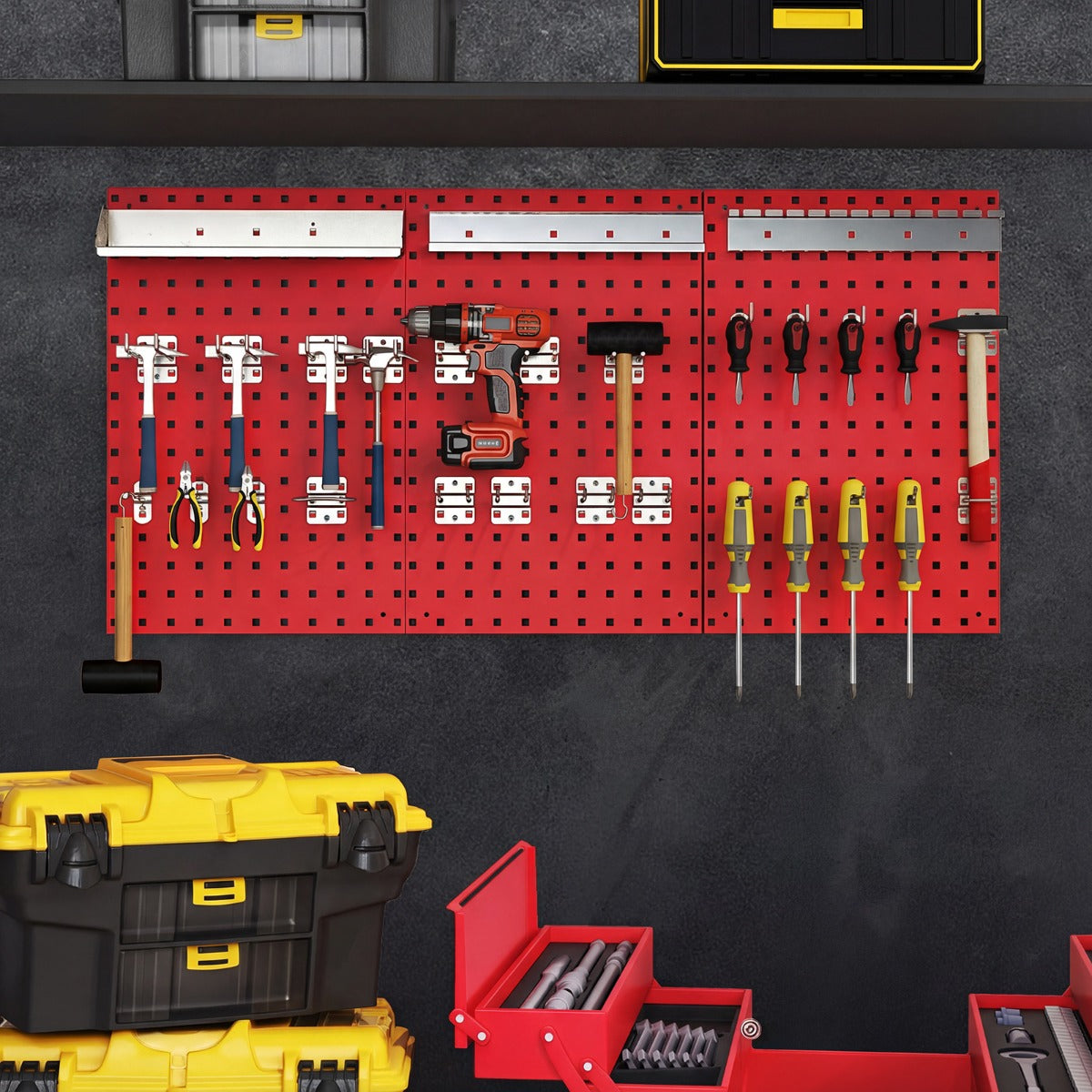 The garage storage system displayed on a dark wall with toolboxes placed on the desk below
