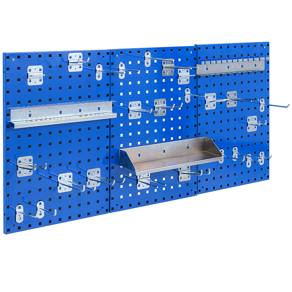 Wall-Mounted Pegboard Tool Organizing Kit in navy blue with various hooks and shelves attached