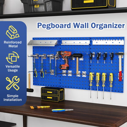 Pegboard Wall Organizer with text about reinforced metal, versatile usage and simple installation