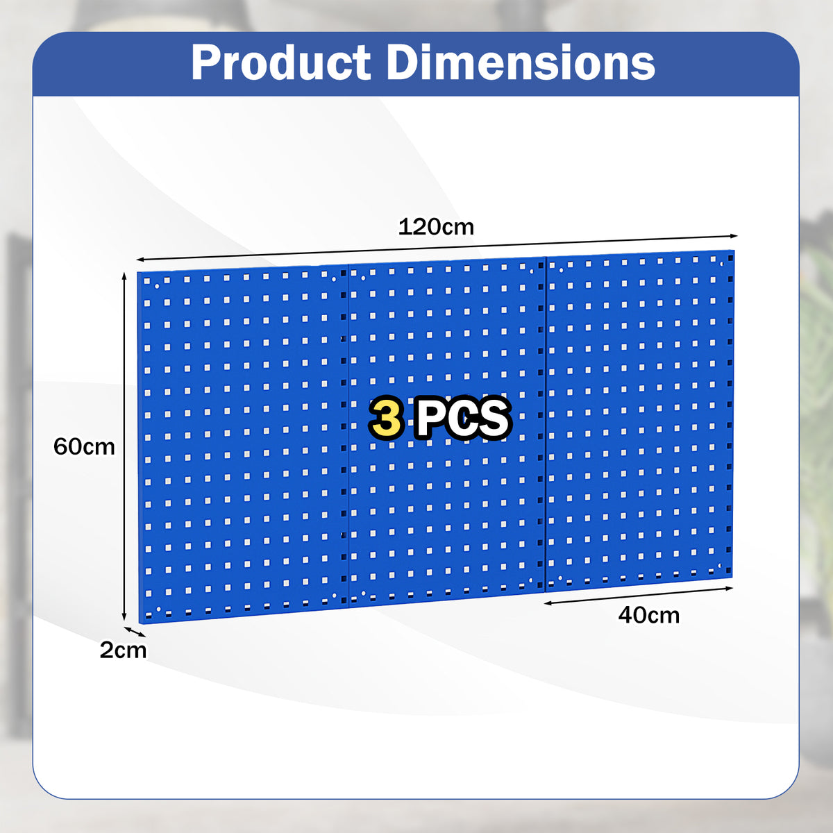 Diagram showing the dimensions of the navy blue pegboard organiser