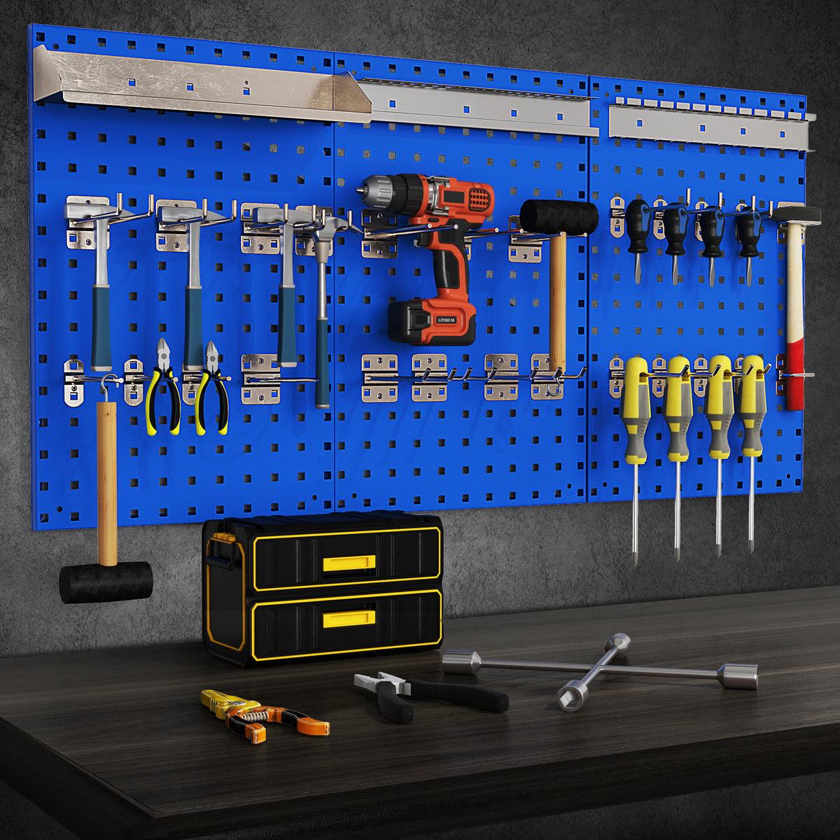 The garages pegboard organiser with a drill, hammers, pliers and screwdrivers displayed