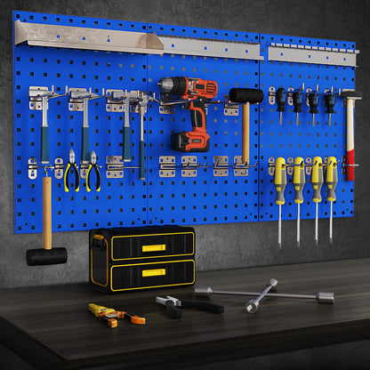 The garages pegboard organiser with a drill, hammers, pliers and screwdrivers displayed