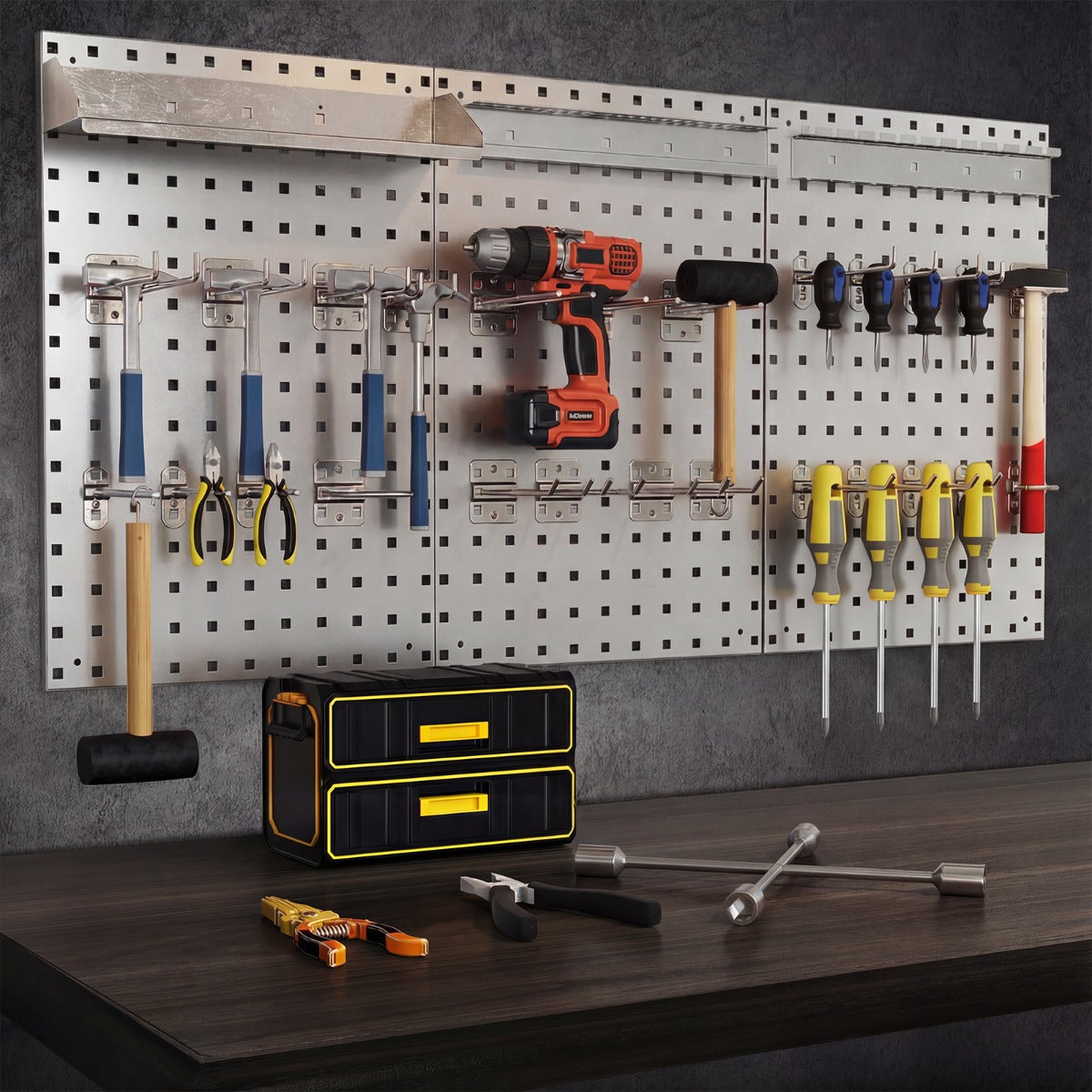 The garage storage system holding various hand tools above a dark wooden workbench