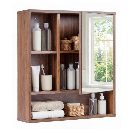 Wall Mounted Storage Organizer with Mirror for Bathroom-Brown, a wooden cabinet with shelves and a mirrored door