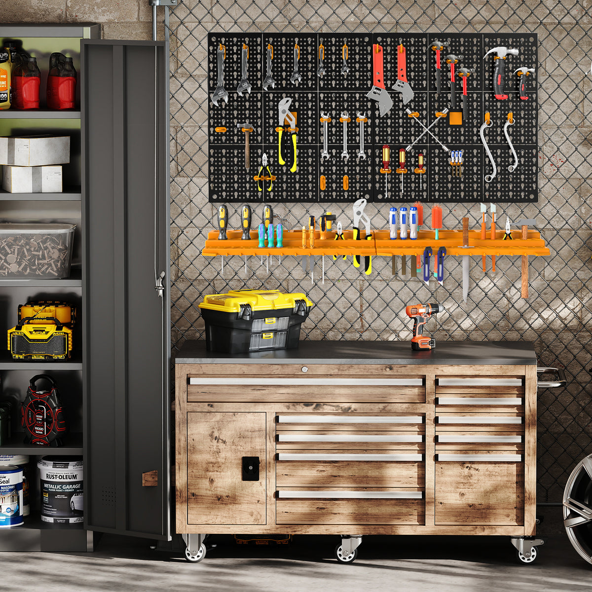 The garage storage organiser mounted on a wall above a workbench with tools and cabinets