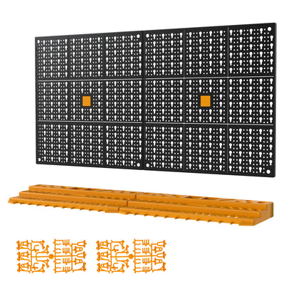 Wall Tool Storage Kit with two storage shelves and fifty hooks, showing the pegboard panels and yellow shelves