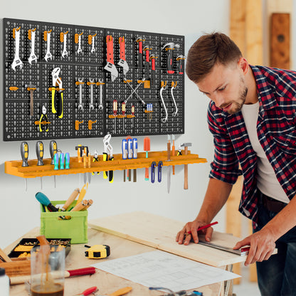 The garage storage organiser with tools displayed on pegboard panels and orange shelves