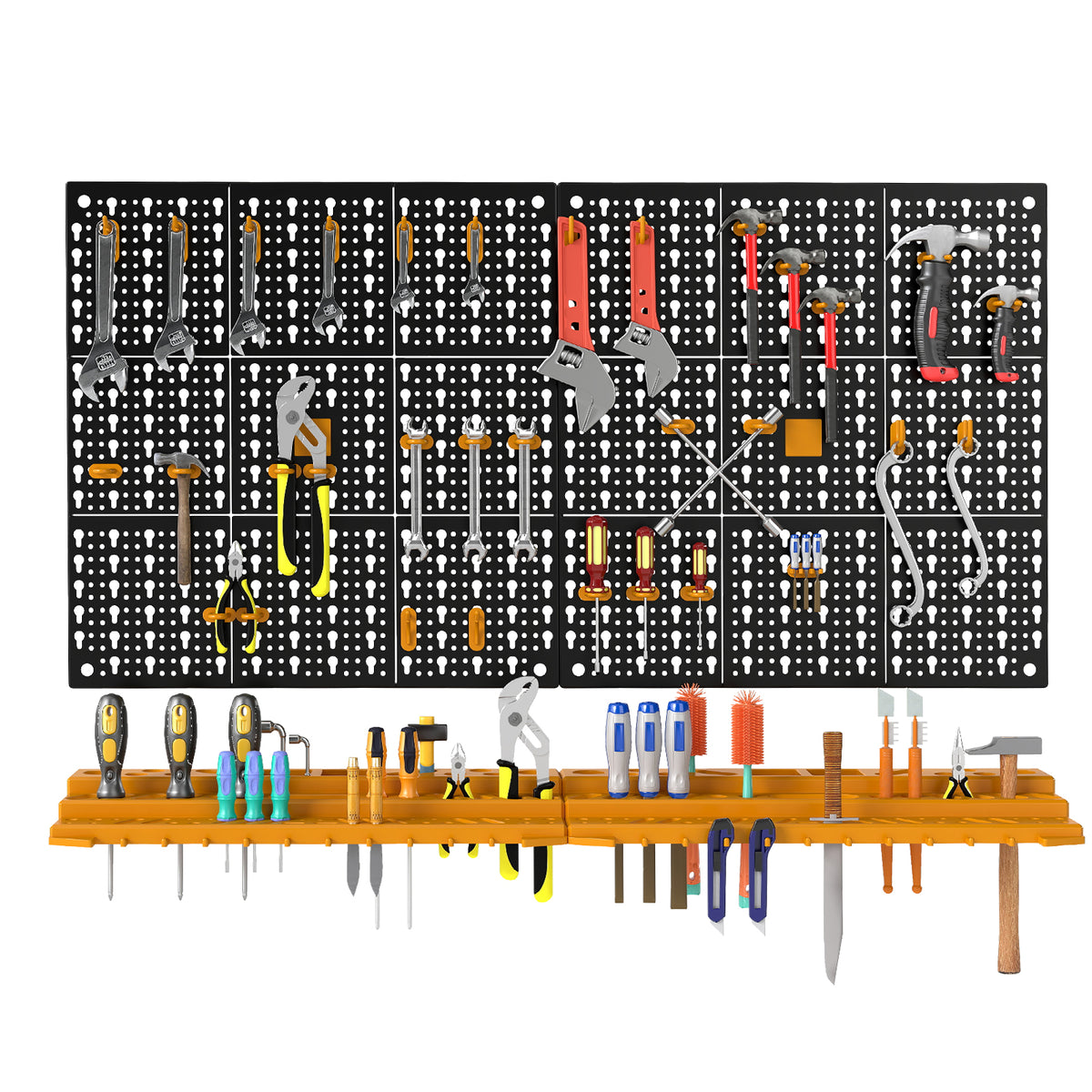The wall tool organiser showing pegboard panels and two orange shelves with hooks