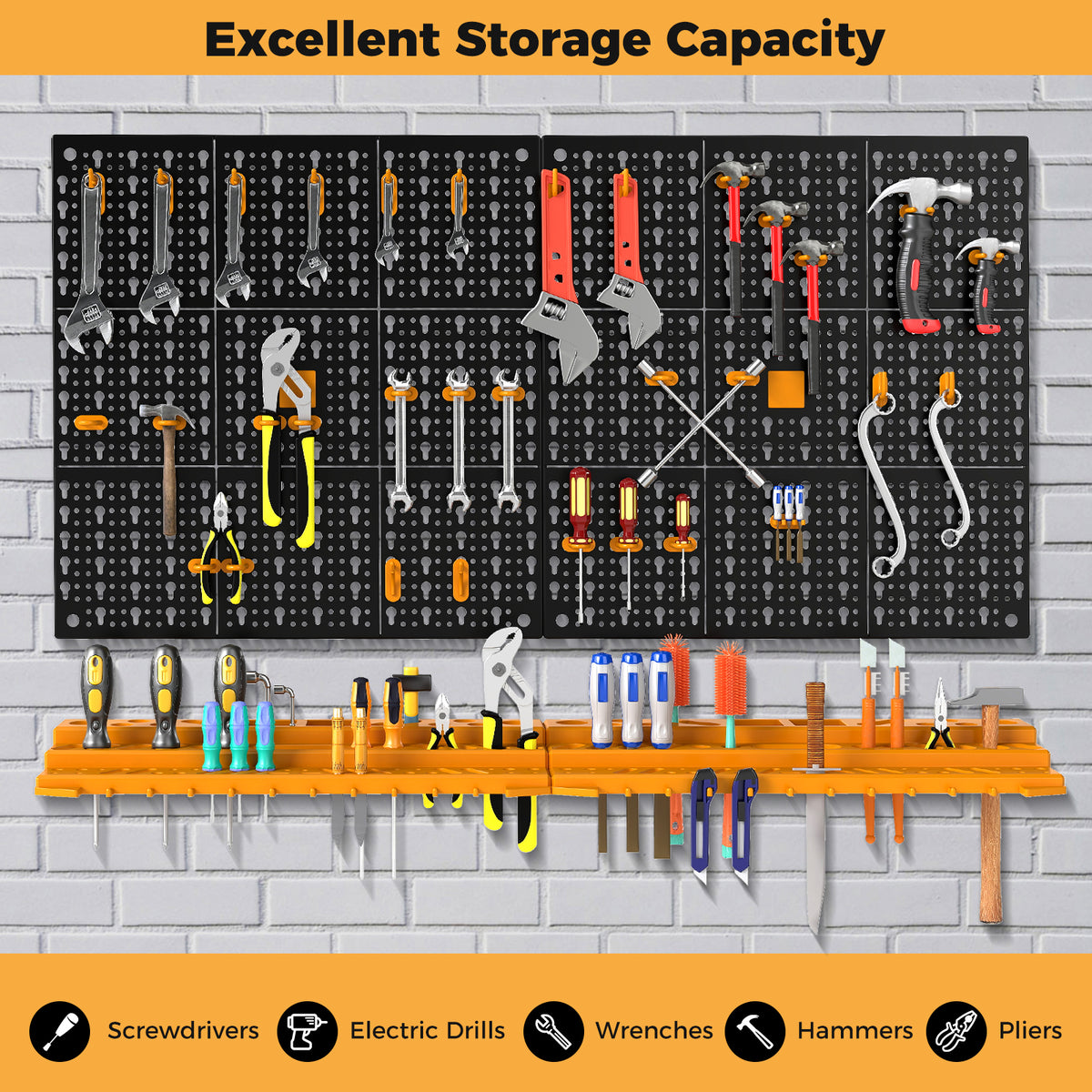 The garage organiser with tools neatly arranged on pegboard and shelves