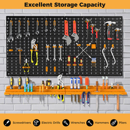 The garage organiser with tools neatly arranged on pegboard and shelves