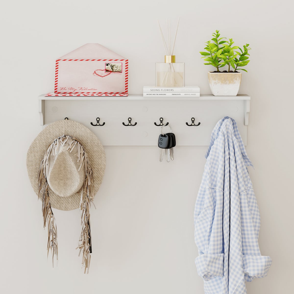 80 CM Wall Hooks with Shelf Wooden Coat Rack-White