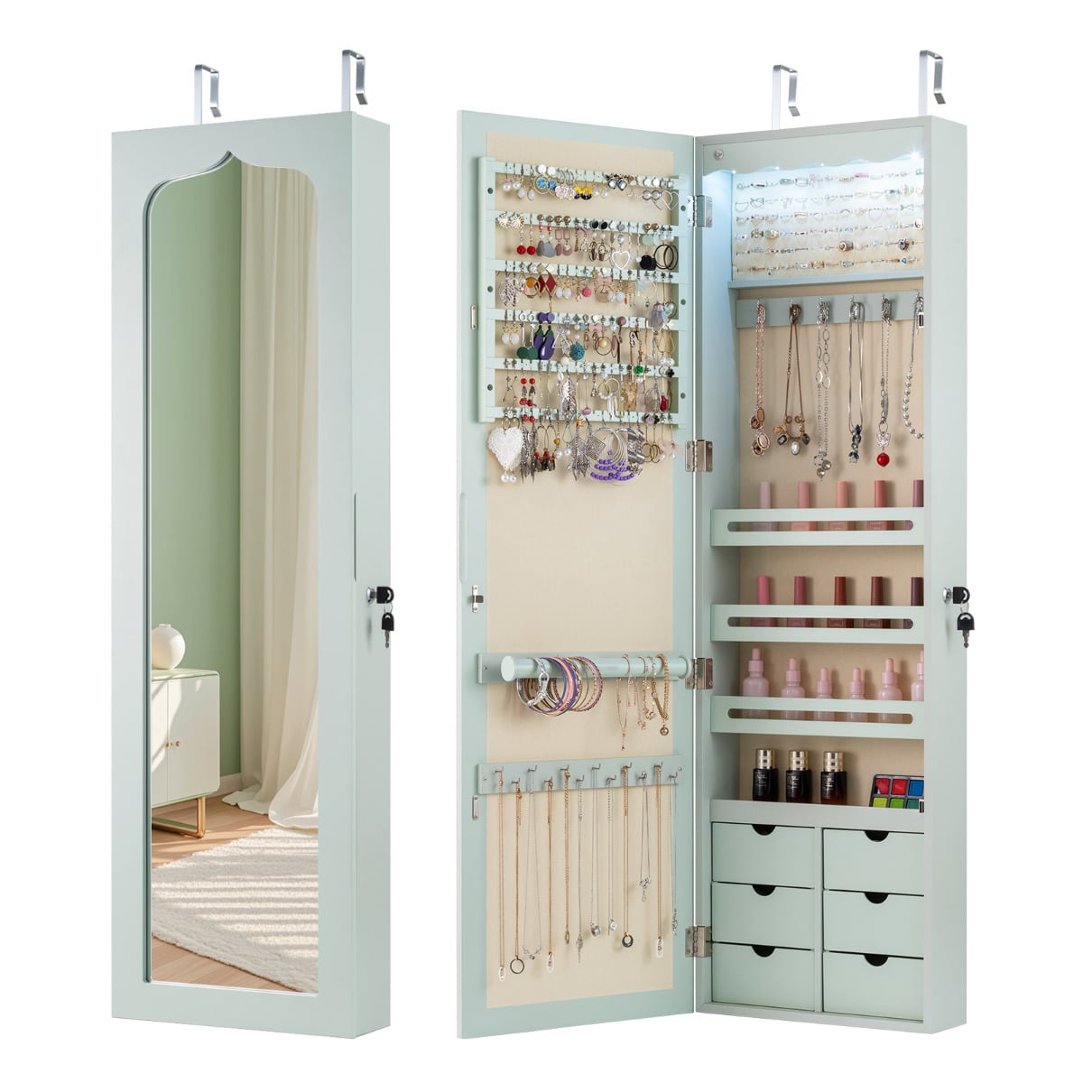 Wall Mounted Jewellery Armoire with LED Light-Green