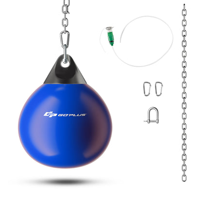 The blue water punching bag and its hanging accessories including a chain and carabiners