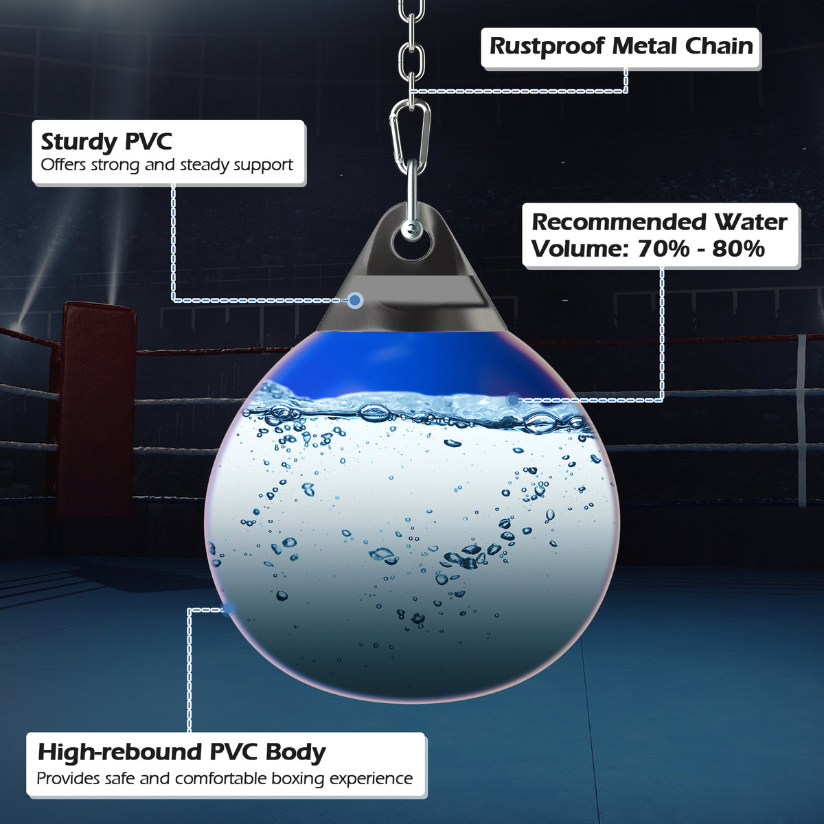 Close up of the blue water punching bag showing the water inside and its sturdy PVC body