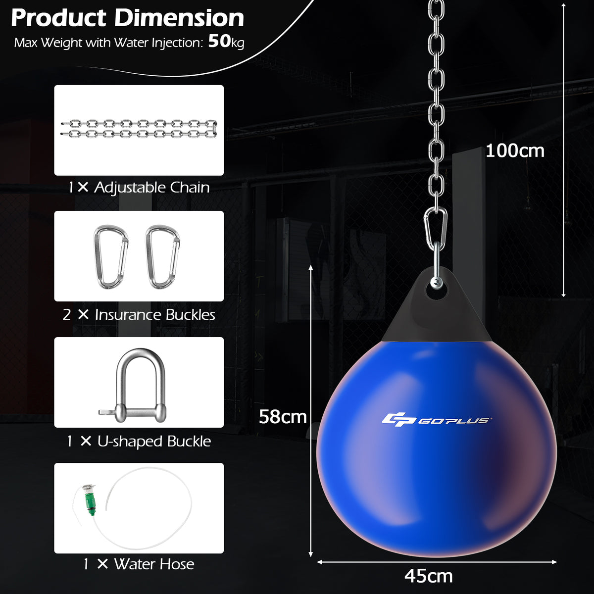 The blue water punching bag with dimensions and included parts listed