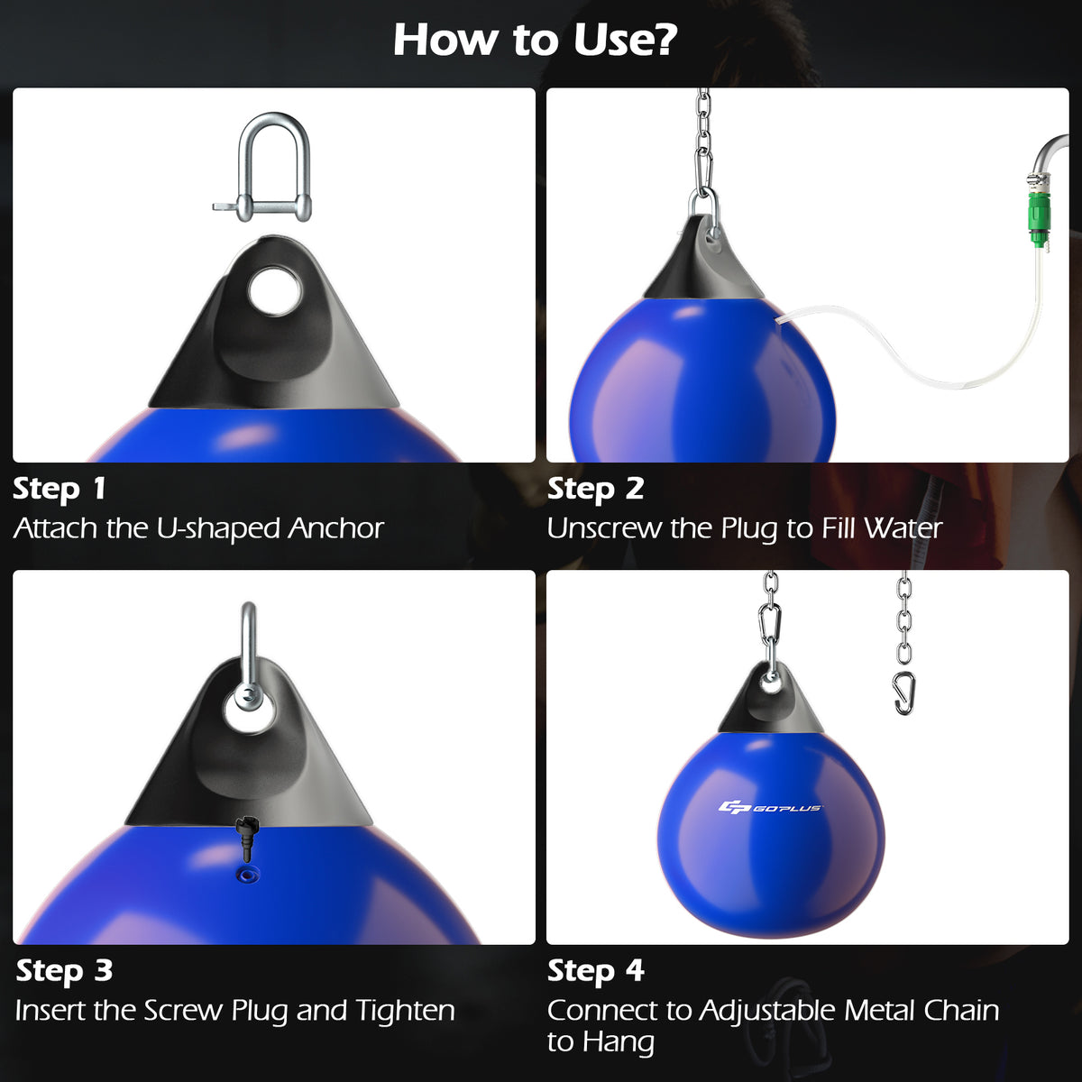 Instructions on how to set up the water punching bag with four easy steps