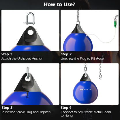 Instructions on how to set up the water punching bag with four easy steps