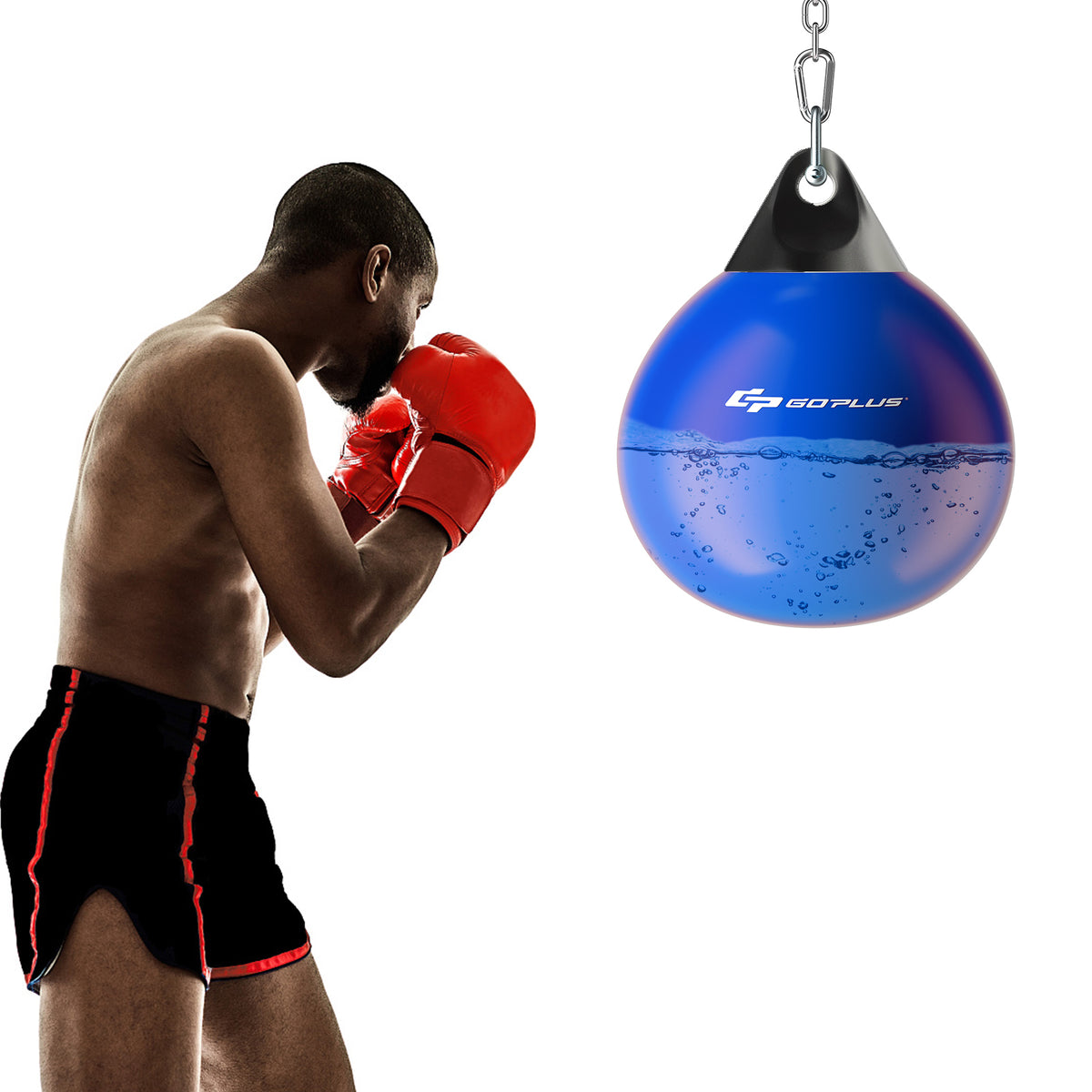 Water Punching Bag with Water Injector and Hanging Accessories a blue bag filled with water with a boxer training