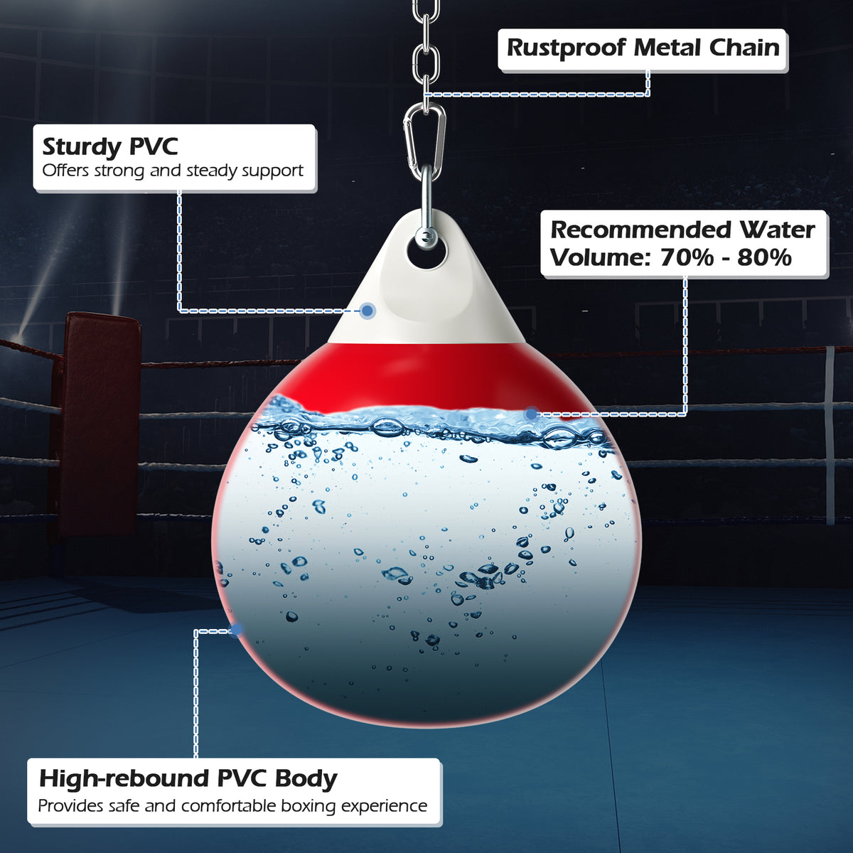 Close-up of the red water punching bag showing water inside and text about its features