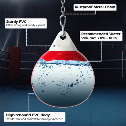 Close-up of the red water punching bag showing water inside and text about its features