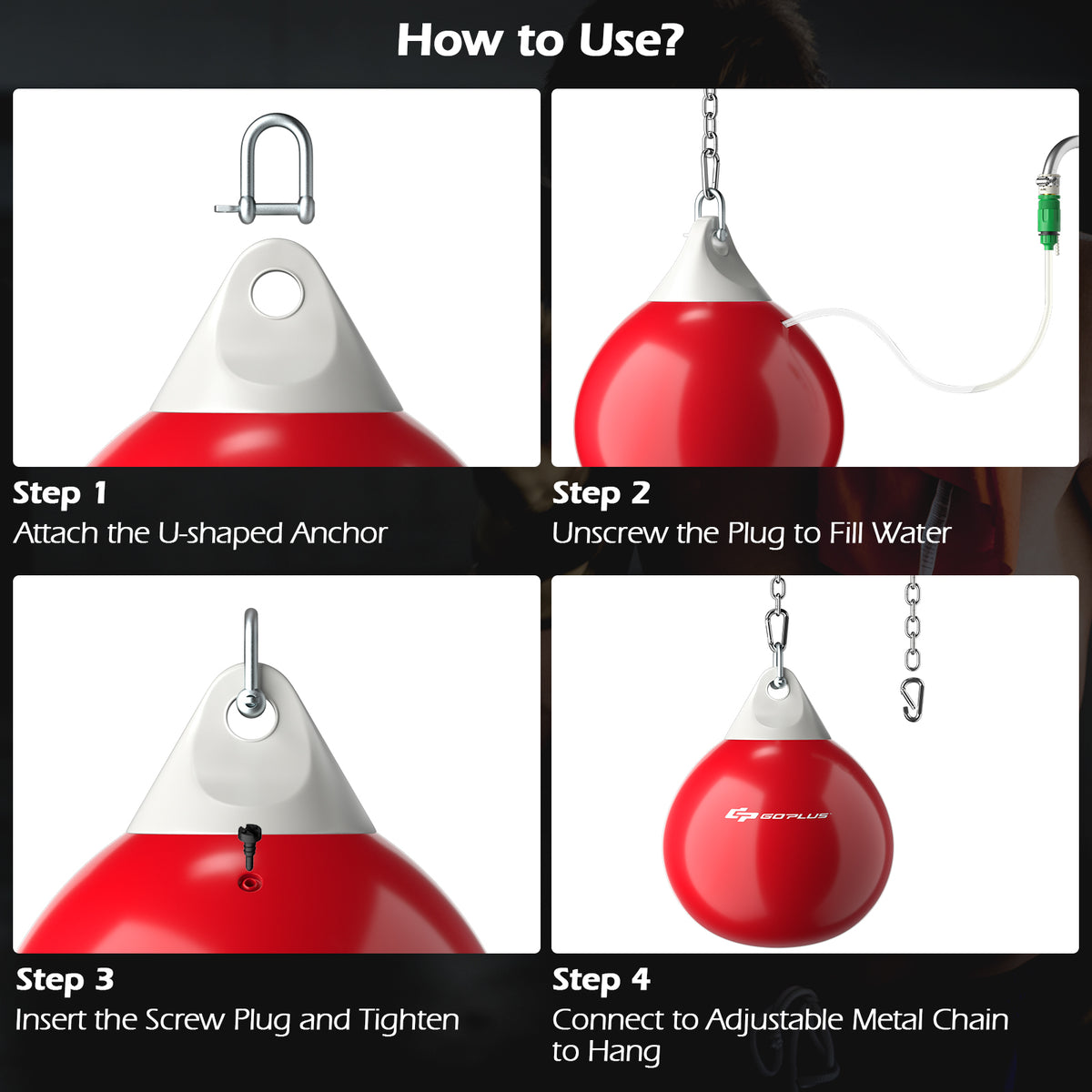Four steps showing how to set up and use the red water punching bag