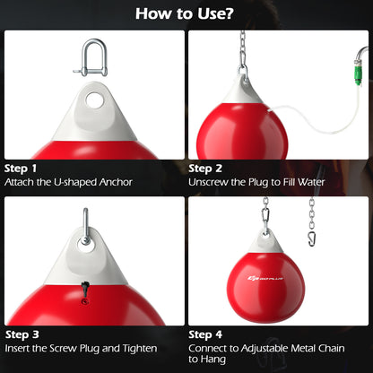 Four steps showing how to set up and use the red water punching bag