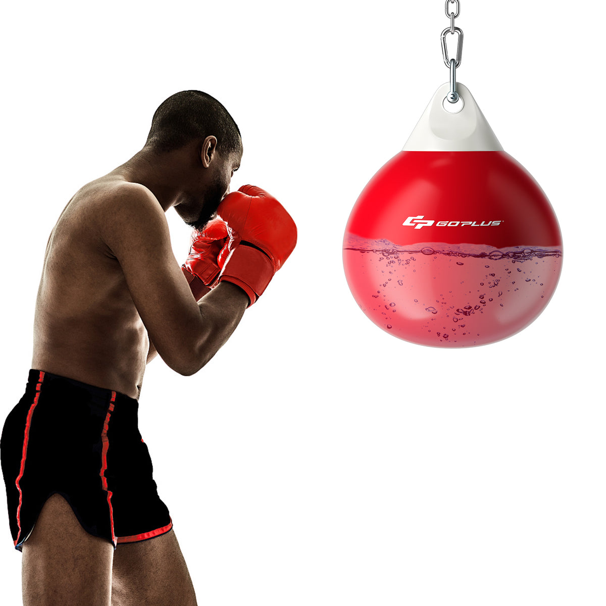 A man boxing the red water punching bag which is partially filled with water