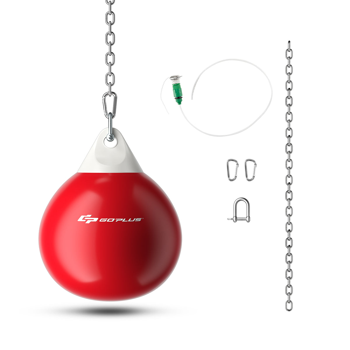 Water Punching Bag with Water Injector and Hanging Accessories in red, with chains and accessories laid out