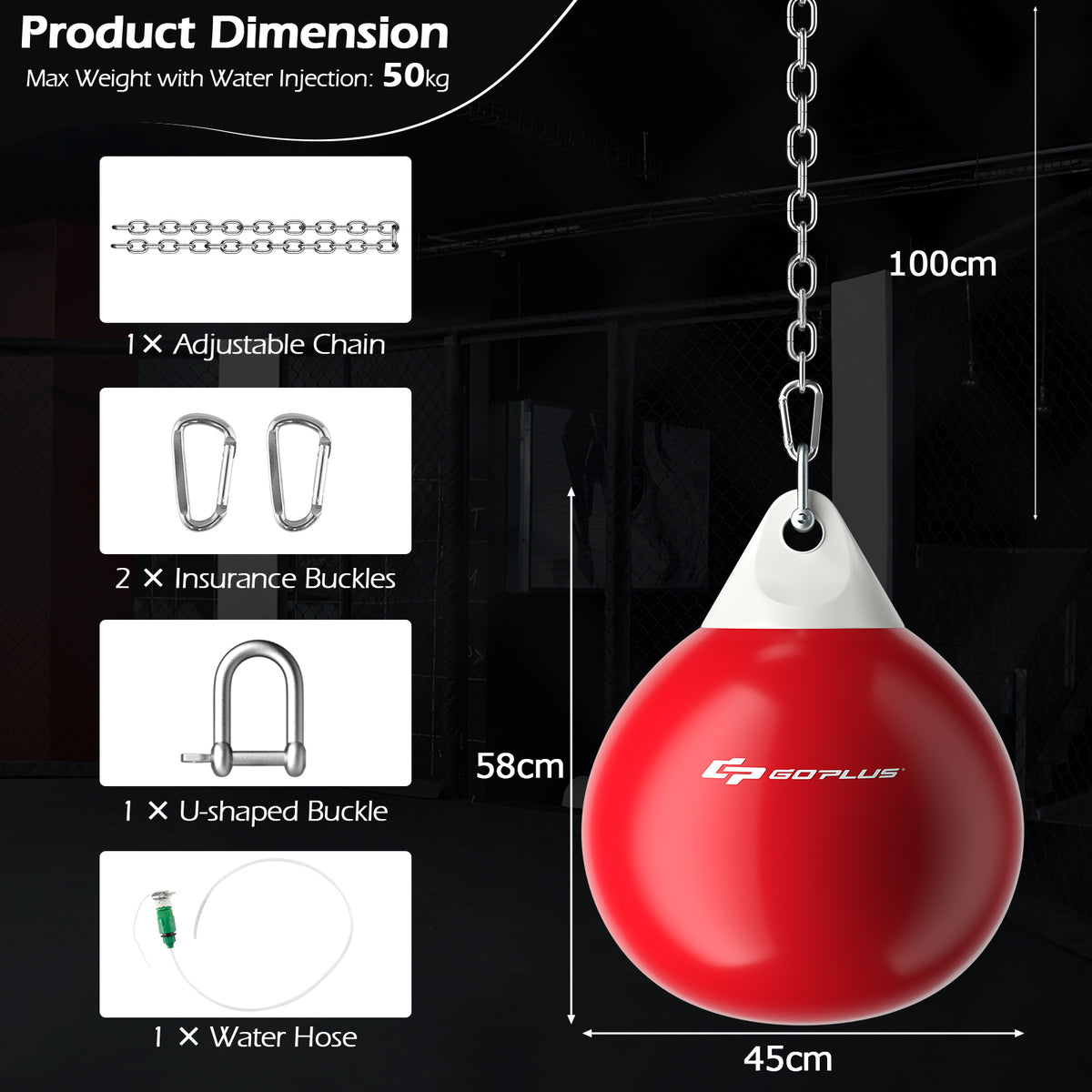 Diagram showing the dimensions and included parts of the red water punching bag
