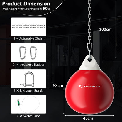 Diagram showing the dimensions and included parts of the red water punching bag