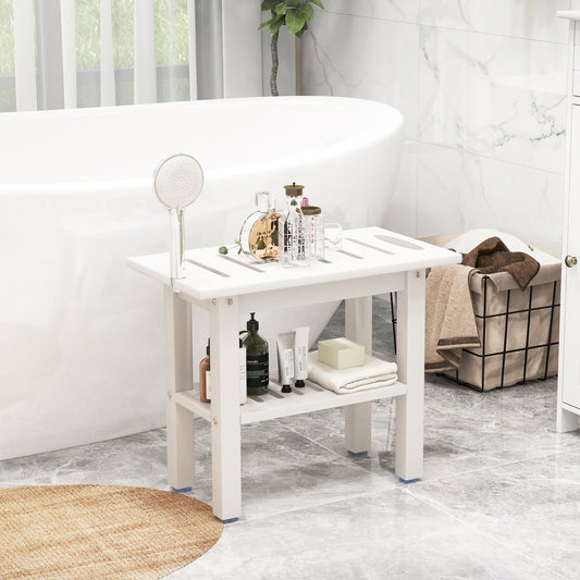 The shower stool with two shelves, placed next to a white bathtub with toiletries on top