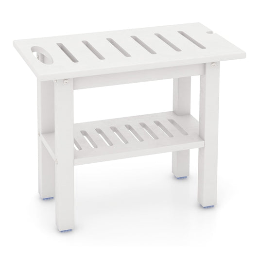Waterproof HDPE Shower Bench Bath Stool for Inside Shower-White, a white bench with a slatted top and one slatted shelf