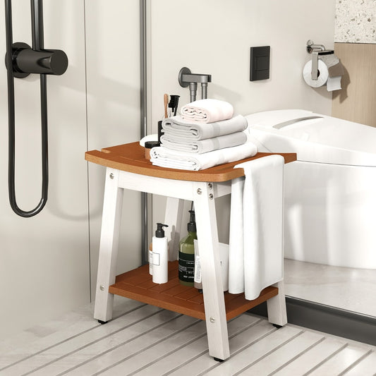 The shower stool in a bathroom with a toilet and shower head