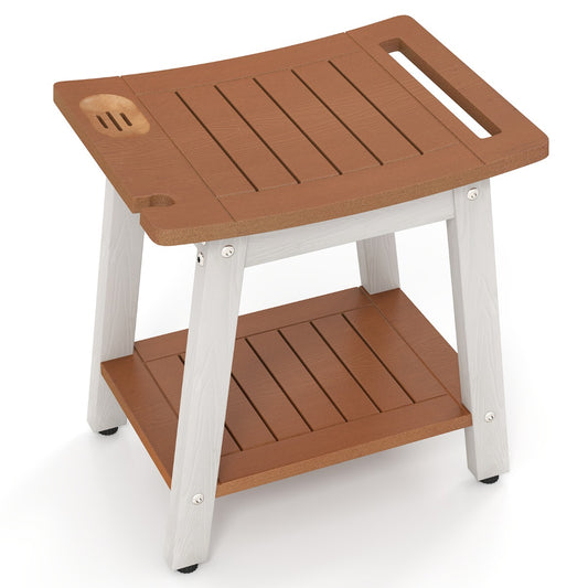 Waterproof Shower Bench Seat with a slatted seat and lower shelf, and white legs