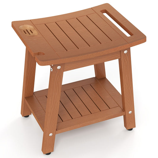Waterproof Shower Bench Seat a wooden-effect shower stool with a lower shelf and a handle cut-out