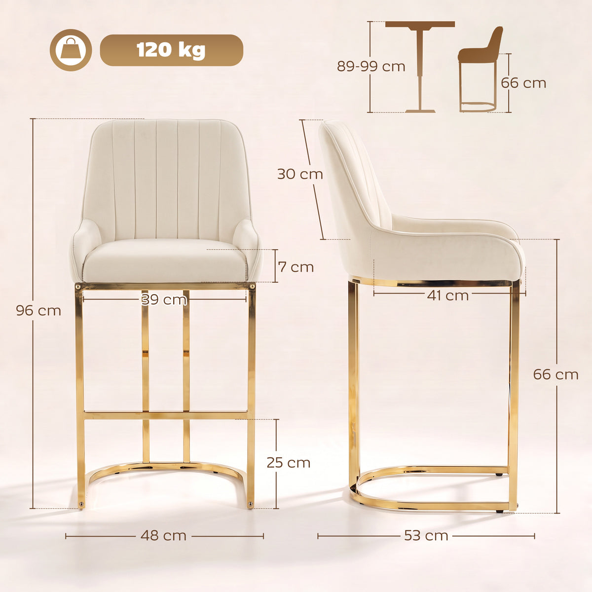 HOMCOM Bar Stools Set of 2 with Backrest, Footrest, Gold Electroplated Legs for Kitchen Island, Dining Room, Cream White
